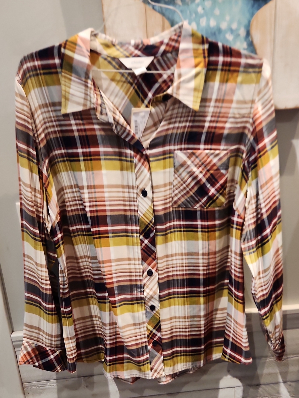 CJ Banks Plaid Button-Down Shirt in Mustard, Brown and Cream Sz 1X